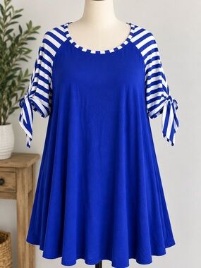 Emerald 3XL Royal Blue Striped Tie Sleeve Swing Tunic Top